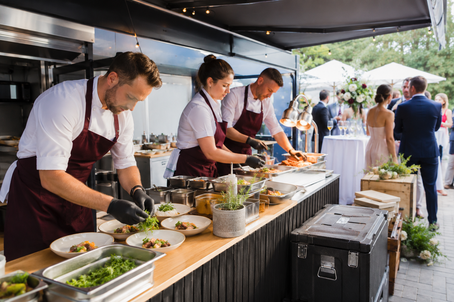 Professional Australian catering team preparing and plating food at an outdoor event.