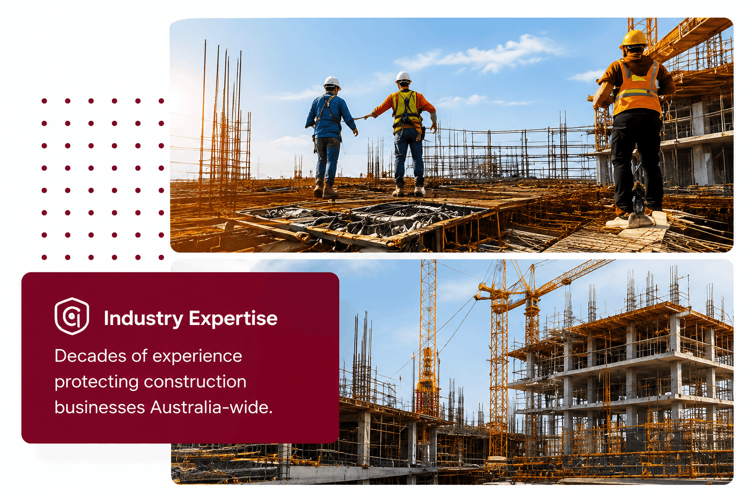 Construction workers and commercial building site representing decades of industry expertise