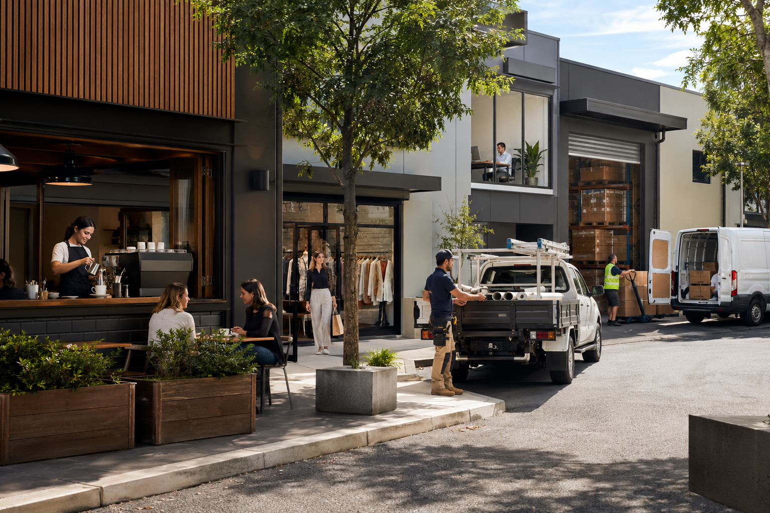 Australian café, retail, office, trade, warehouse and transport businesses operating in a modern commercial precinct.