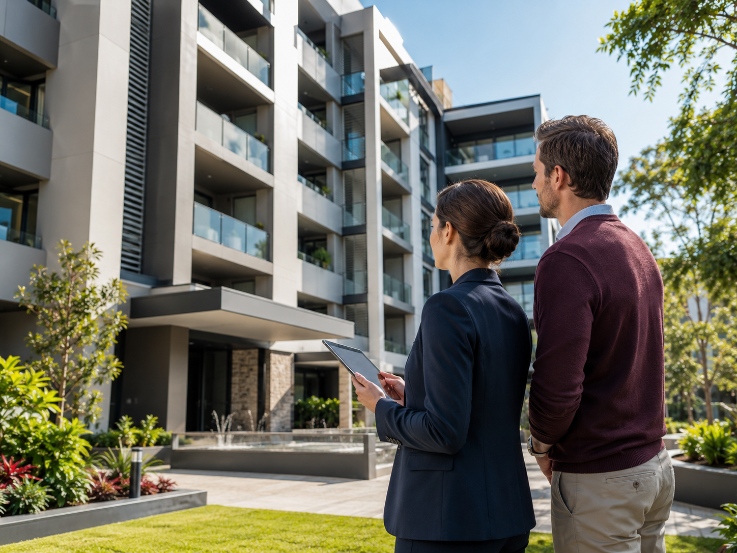 Modern residential strata apartment complex with landscaped common property1