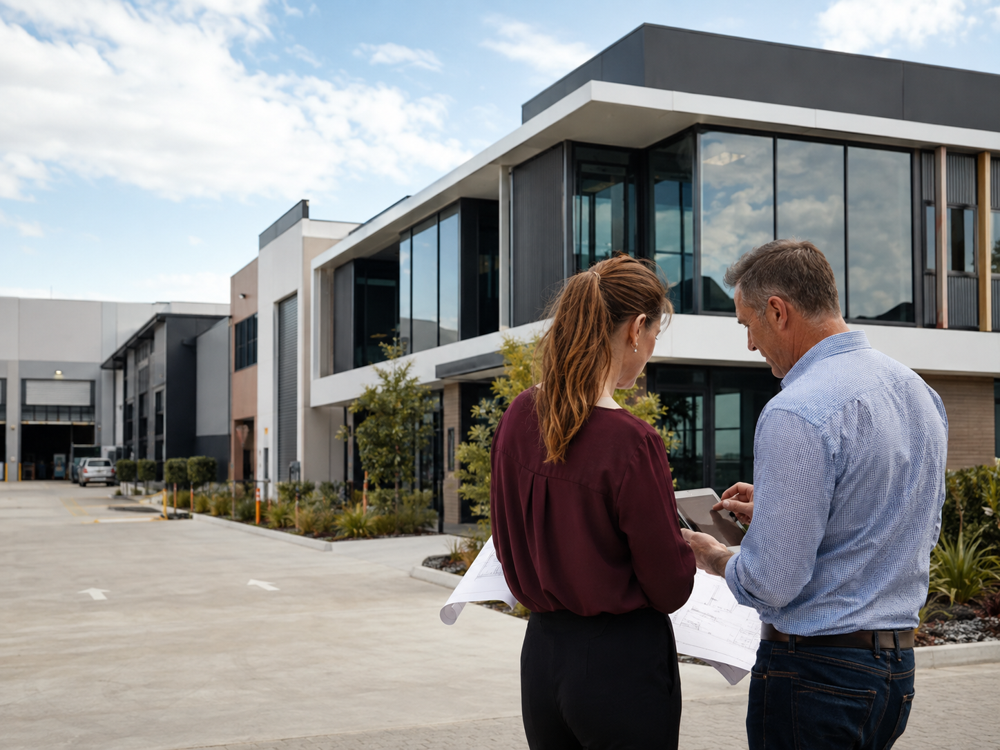 Commercial property professionals reviewing a mixed-use industrial strata complex