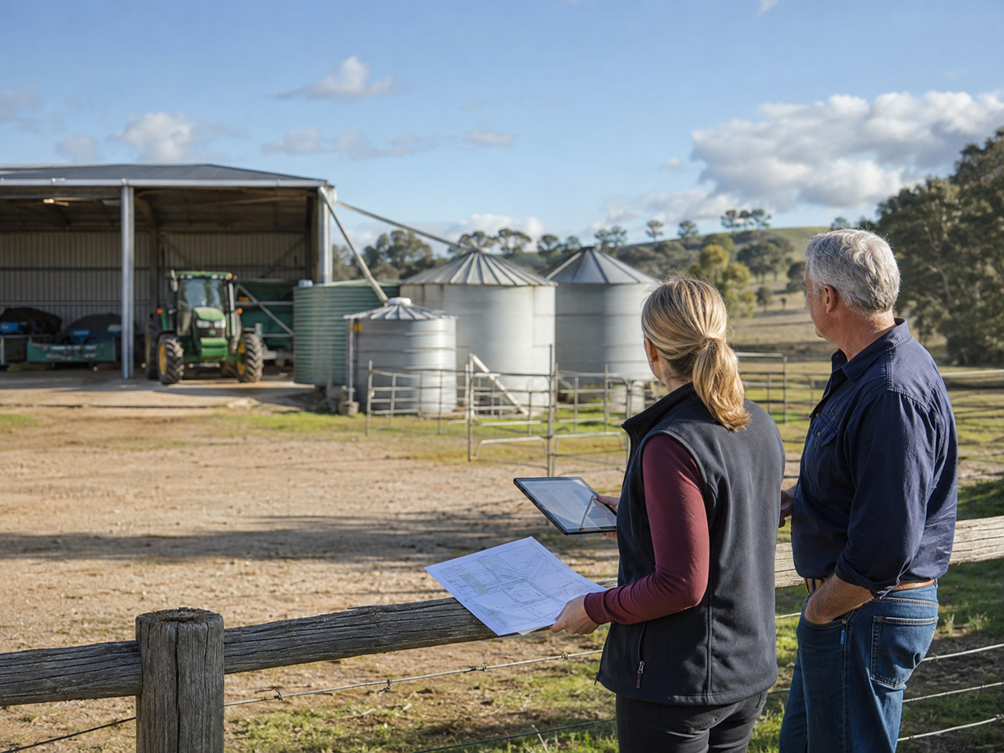 Farmer and insurance broker reviewing machinery sheds, silos and rural property