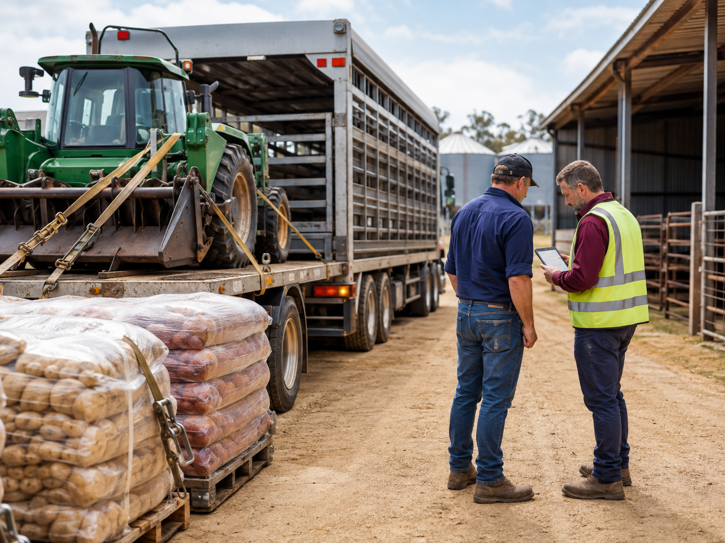 Farmer and transport operator checking secured farm machinery and produce before transit