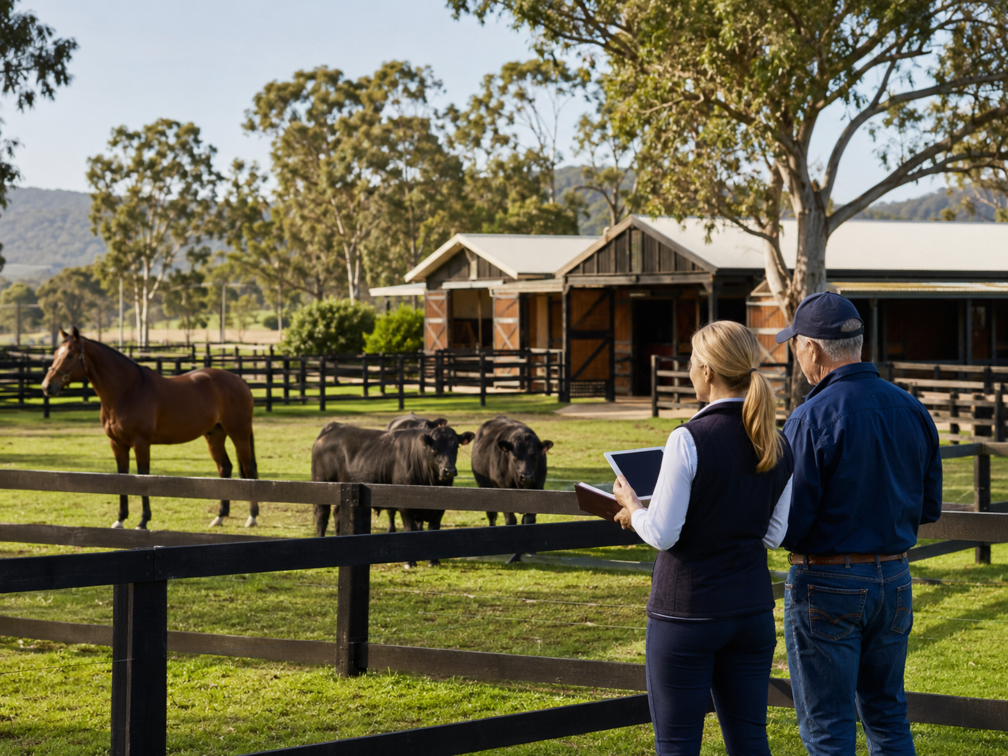 Insurance broker and stud owner reviewing thoroughbred and cattle values on an Australian farm