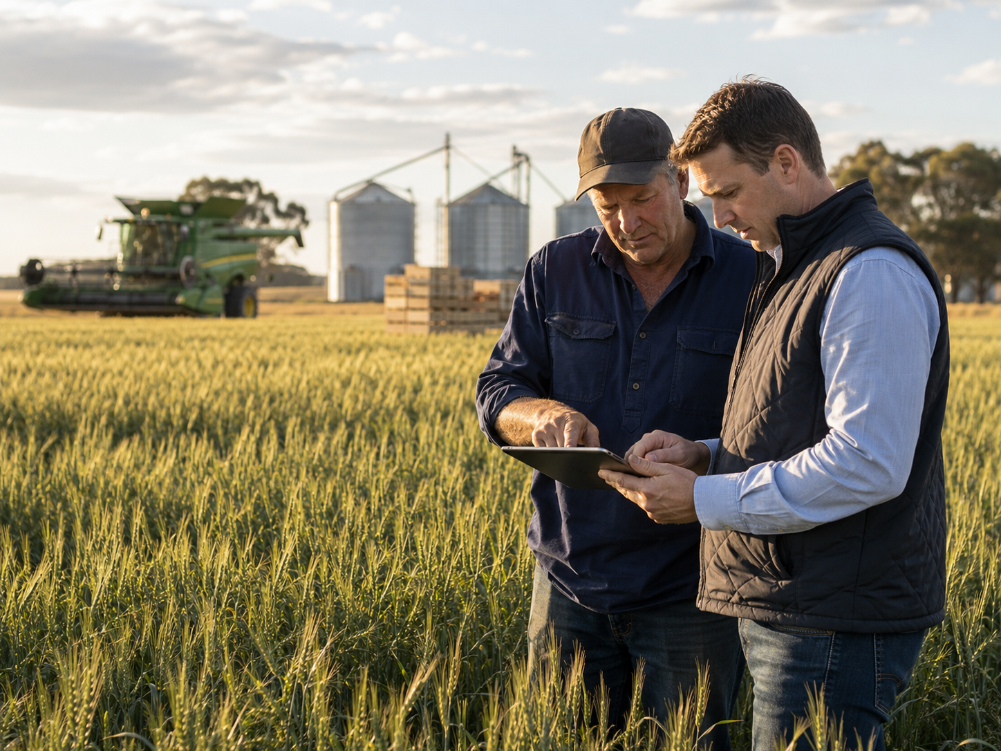 Farmer and insurance broker reviewing crops, harvested produce and grain storage