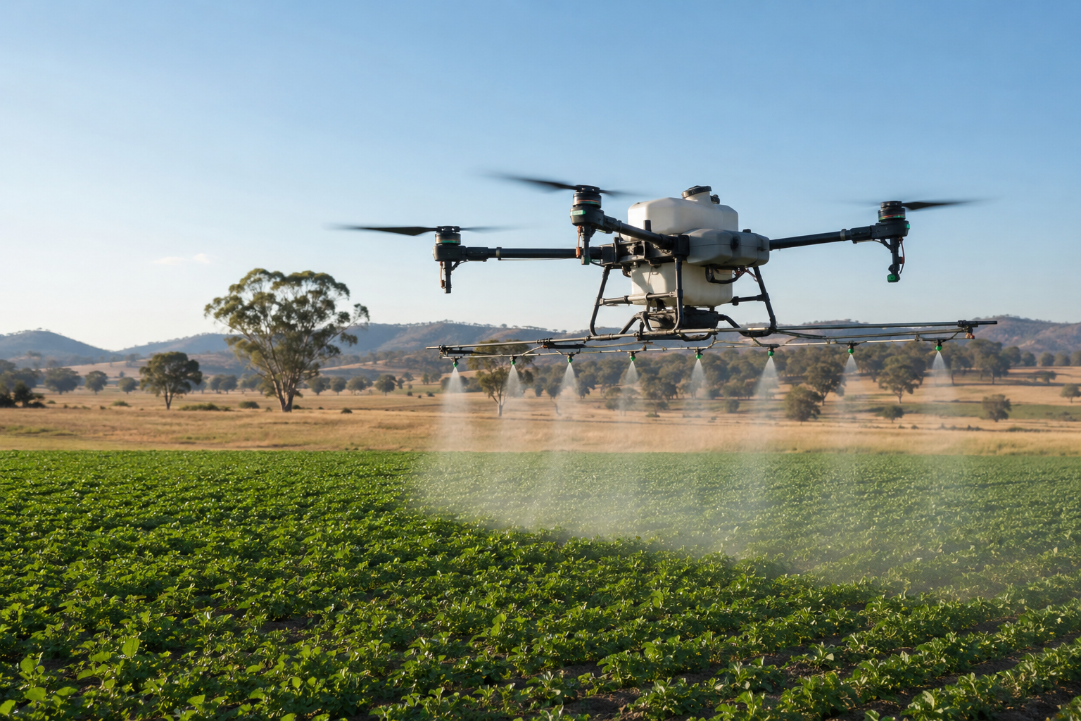 Agricultural spraying drone dispensing chemicals over an Australian paddock