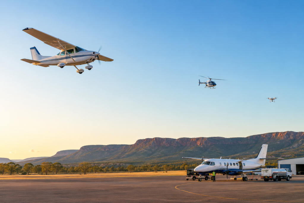 Light aircraft flying over an Australian countryside landscape for aviation insurance