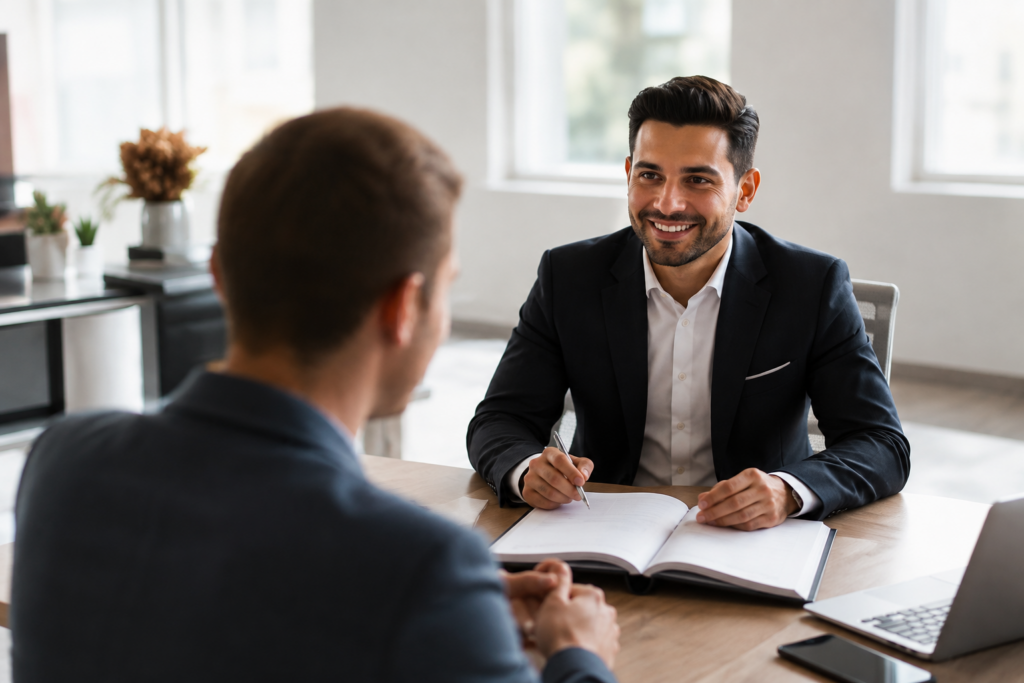 Insurance broker meeting with a business client