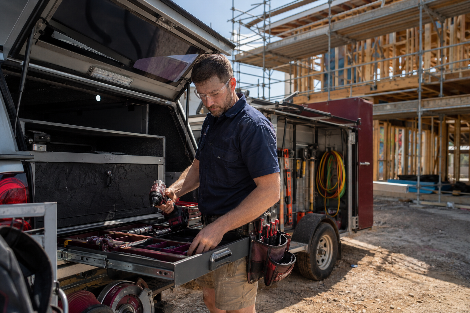 Australian subcontractor organising power tools beside a work ute and trailer at a residential construction site.