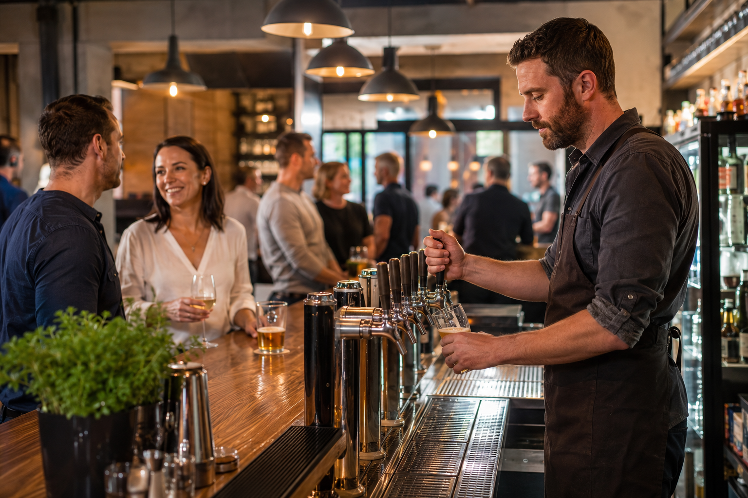 Australian pub bartender pouring a beer for customers at a busy timber bar.