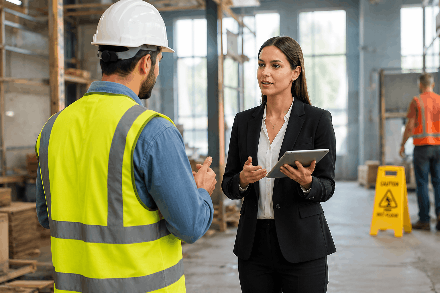 Insurance broker discussing construction risks with a builder on site