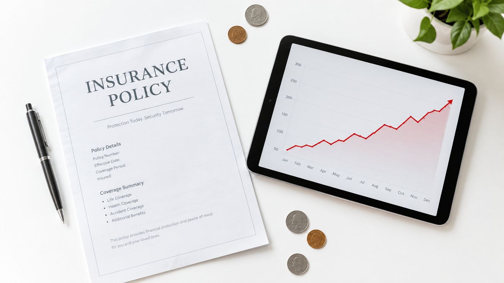 An insurance policy document alongside a tablet displaying a growth chart on a white office desk.