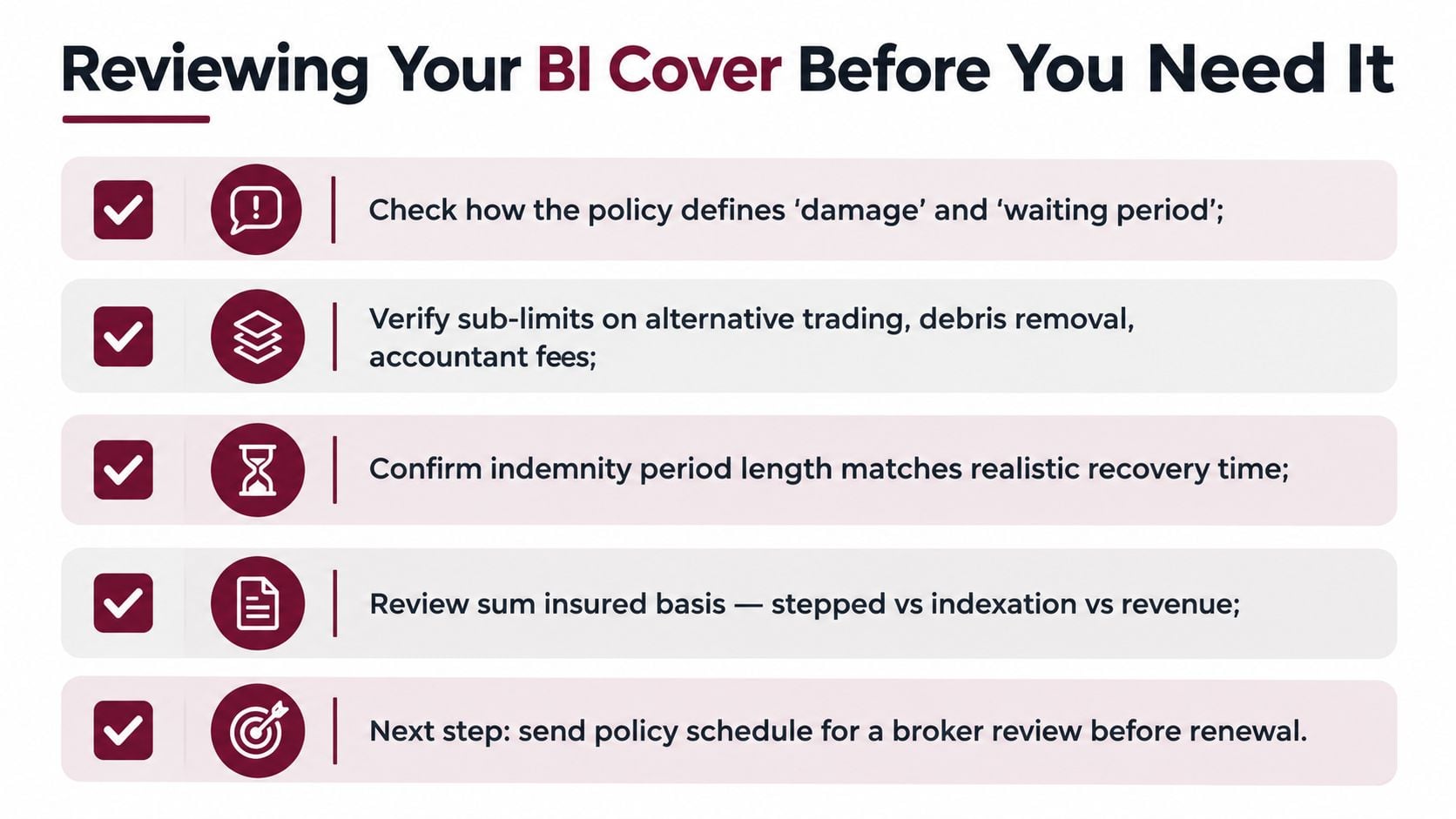 A checklist infographic titled Reviewing Your BI Cover Before You Need It with business insurance tips.