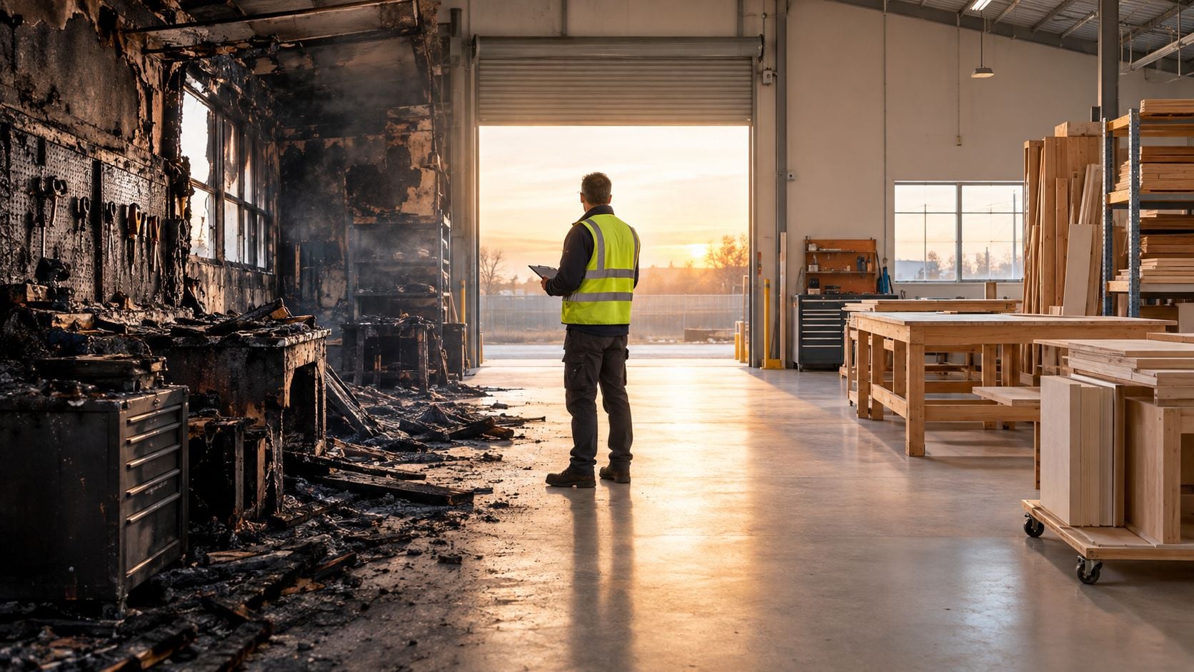An insurance adjuster assessing fire damage in a workshop while holding a clipboard in the afternoon light.
