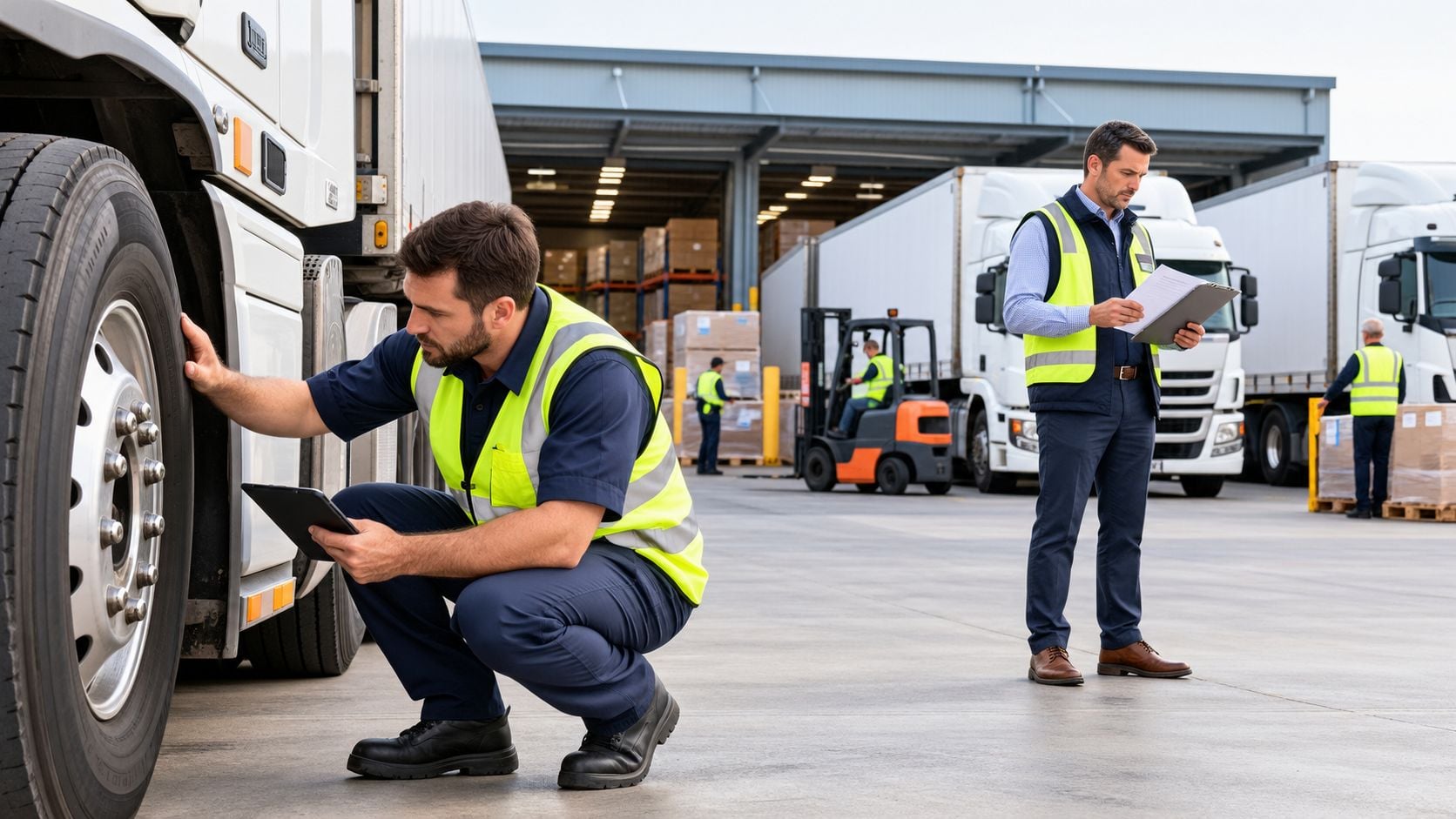 Logistics workers in safety vests checking commercial trucks at a warehouse facility for cargo and fleet management.