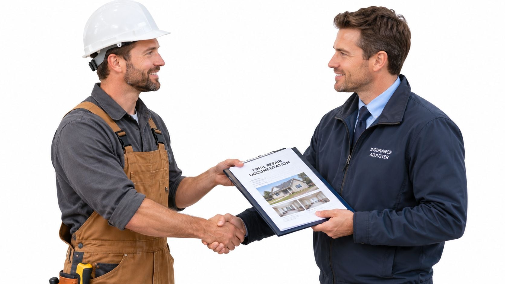 A construction worker and an insurance adjuster shaking hands while holding a document about home repairs.