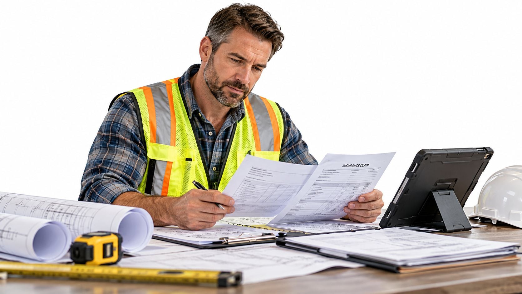 A construction professional reviewing insurance claim documents and blueprints at a desk with tools.