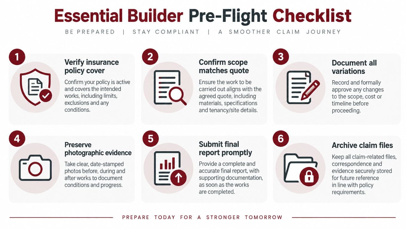A six-step checklist for builders outlining essential procedures for managing insurance repairs and maintaining project compliance.