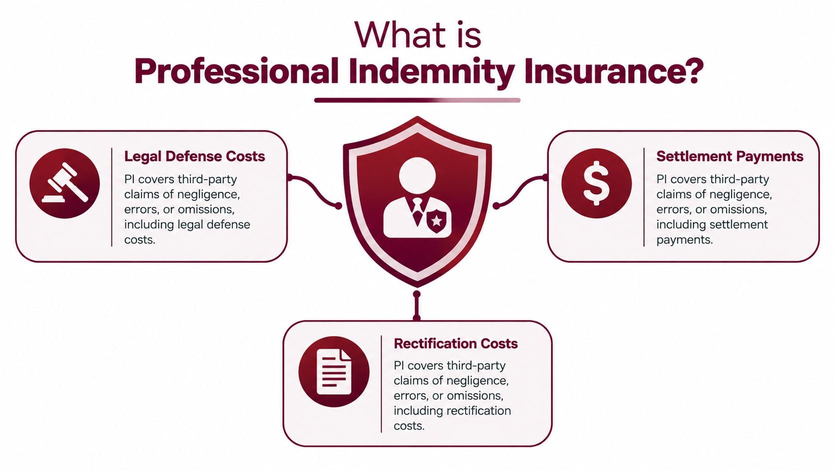 A diagram explaining that professional indemnity insurance covers legal defense costs, settlement payments, and rectification costs.