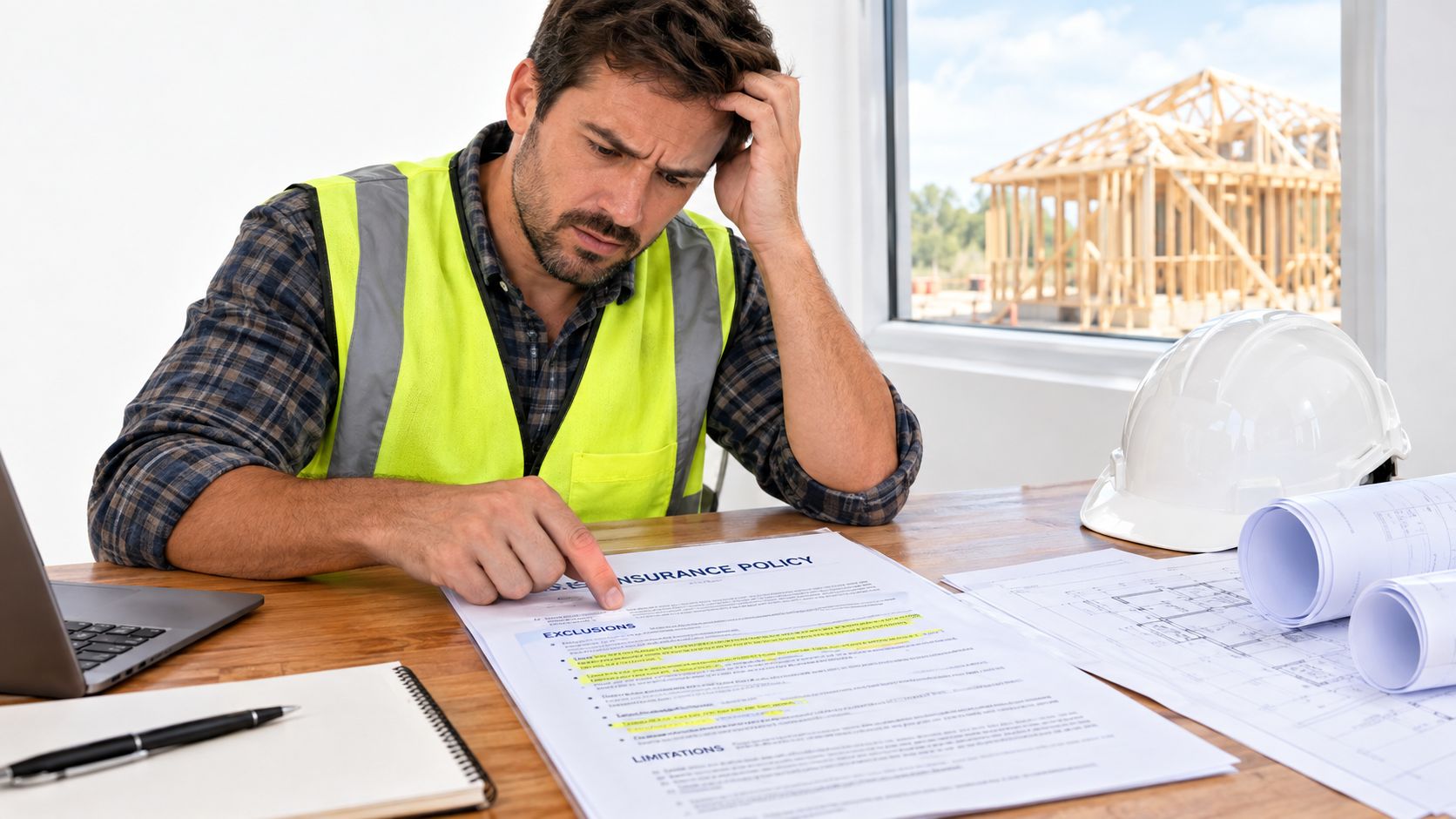 A concerned construction manager in a safety vest reviewing an insurance policy document in his office.