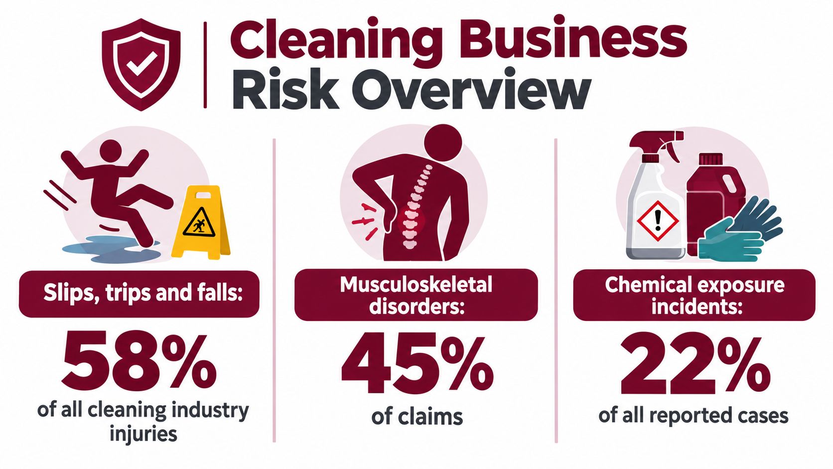An infographic showing statistics for slips, musculoskeletal disorders, and chemical exposure risks in the cleaning business industry.