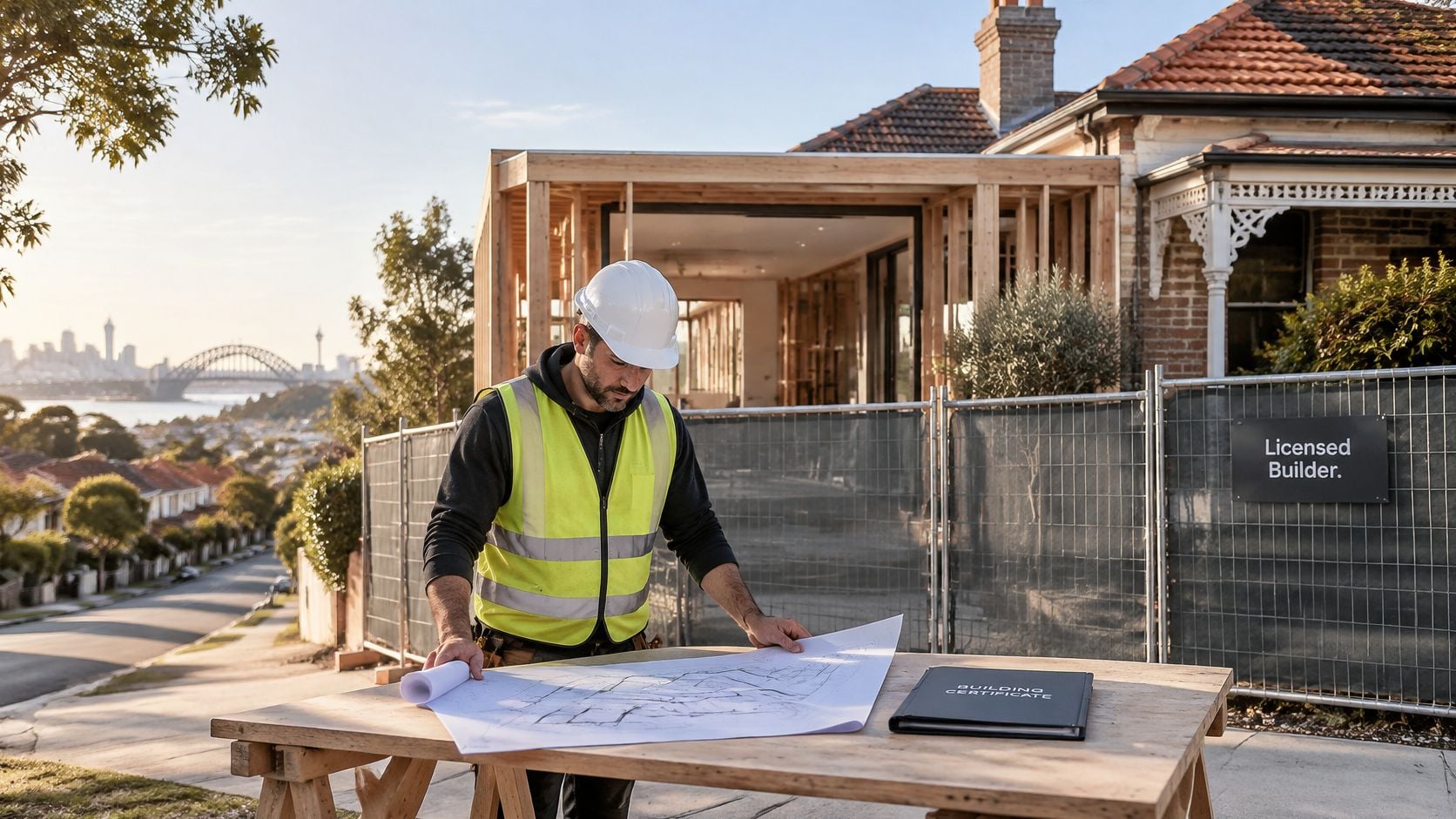 A construction worker in a hard hat and high-visibility vest reviews blueprints on a wooden table outdoors.