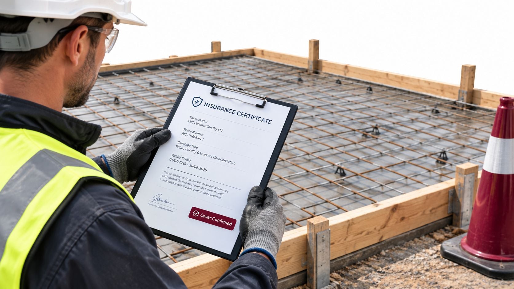 Construction worker wearing safety gear holds an insurance certificate document on a clipboard at a building site.