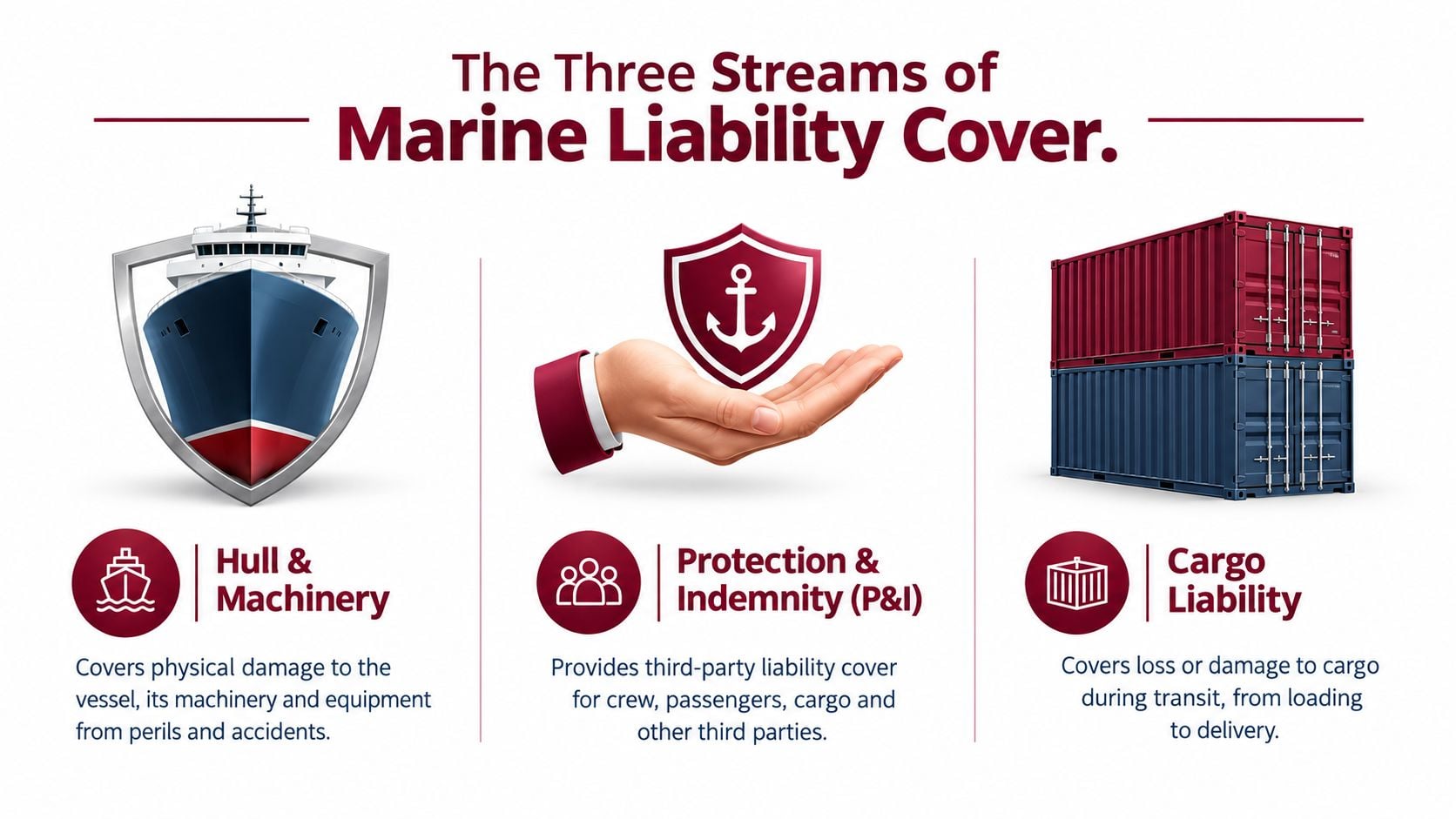 An infographic titled The Three Streams of Marine Liability Cover, detailing Hull and Machinery, Protection and Indemnity, and Cargo Liability.