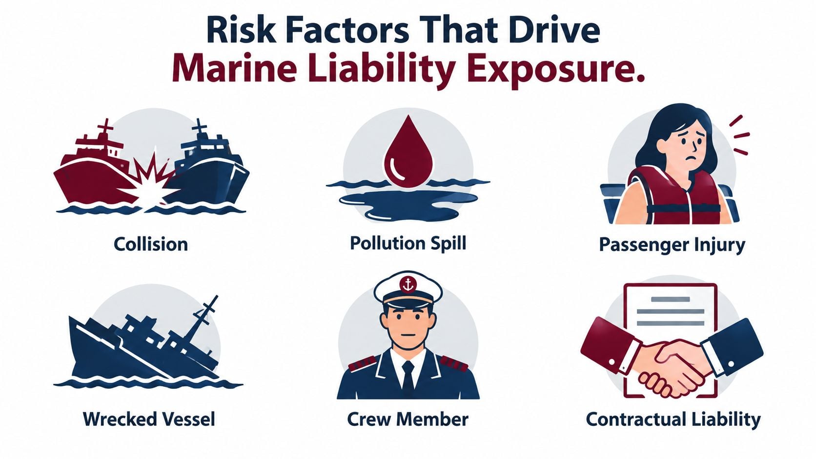 An infographic showing six primary risk factors that drive marine liability exposure for shipping companies.