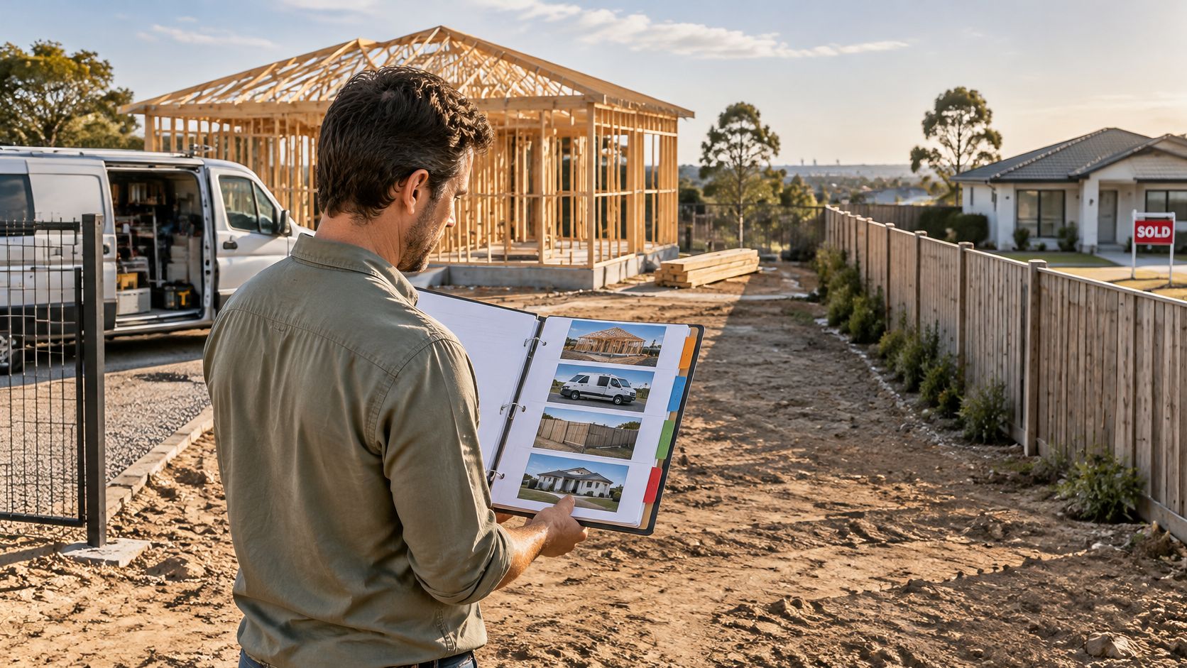 A construction manager holding a portfolio while standing in front of a house under construction.