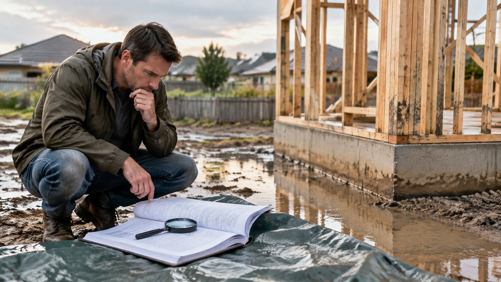 A male owner builder carefully studying project plans at a muddy construction site for home insurance purposes.
