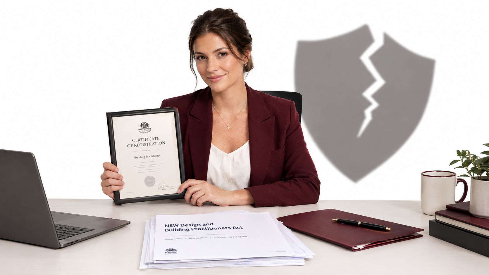 A professional woman holding a building practitioner registration certificate, symbolizing compliance with Australian building industry standards.