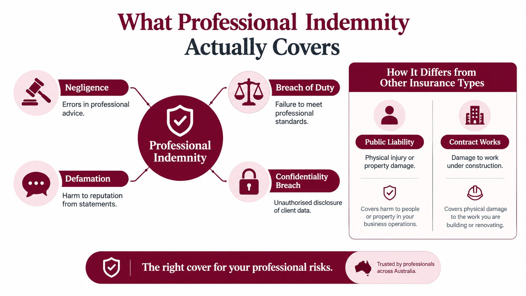 An infographic explaining what professional indemnity insurance covers, including negligence, defamation, breach of duty, and confidentiality breaches.