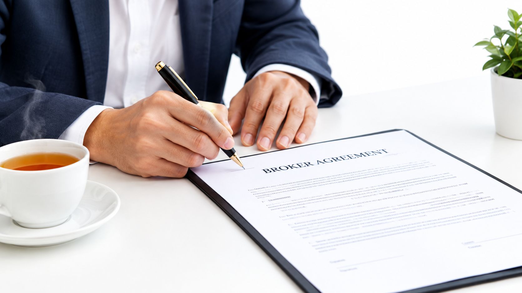 A professional business person in a suit signing a broker agreement document at a desk.