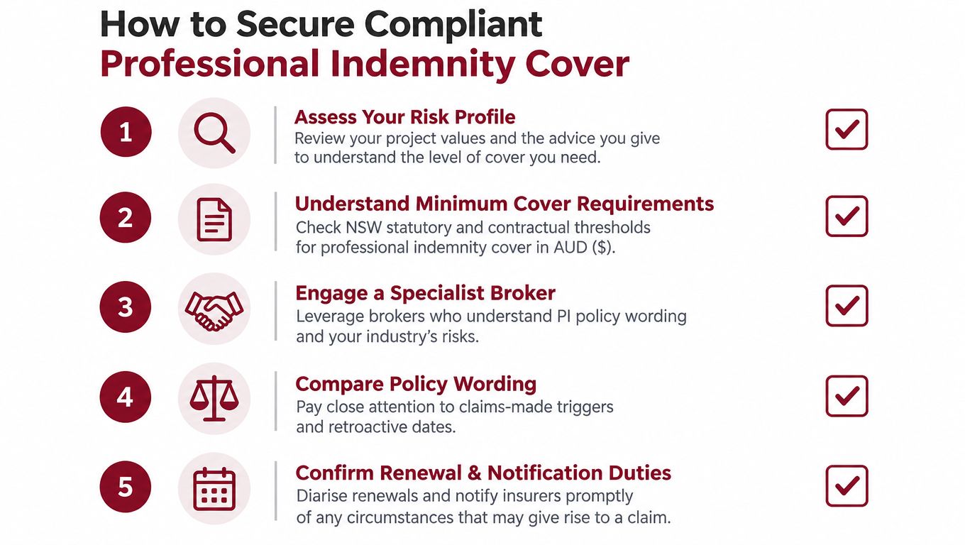 A five-step checklist illustrating how to secure compliant professional indemnity cover in Australia.