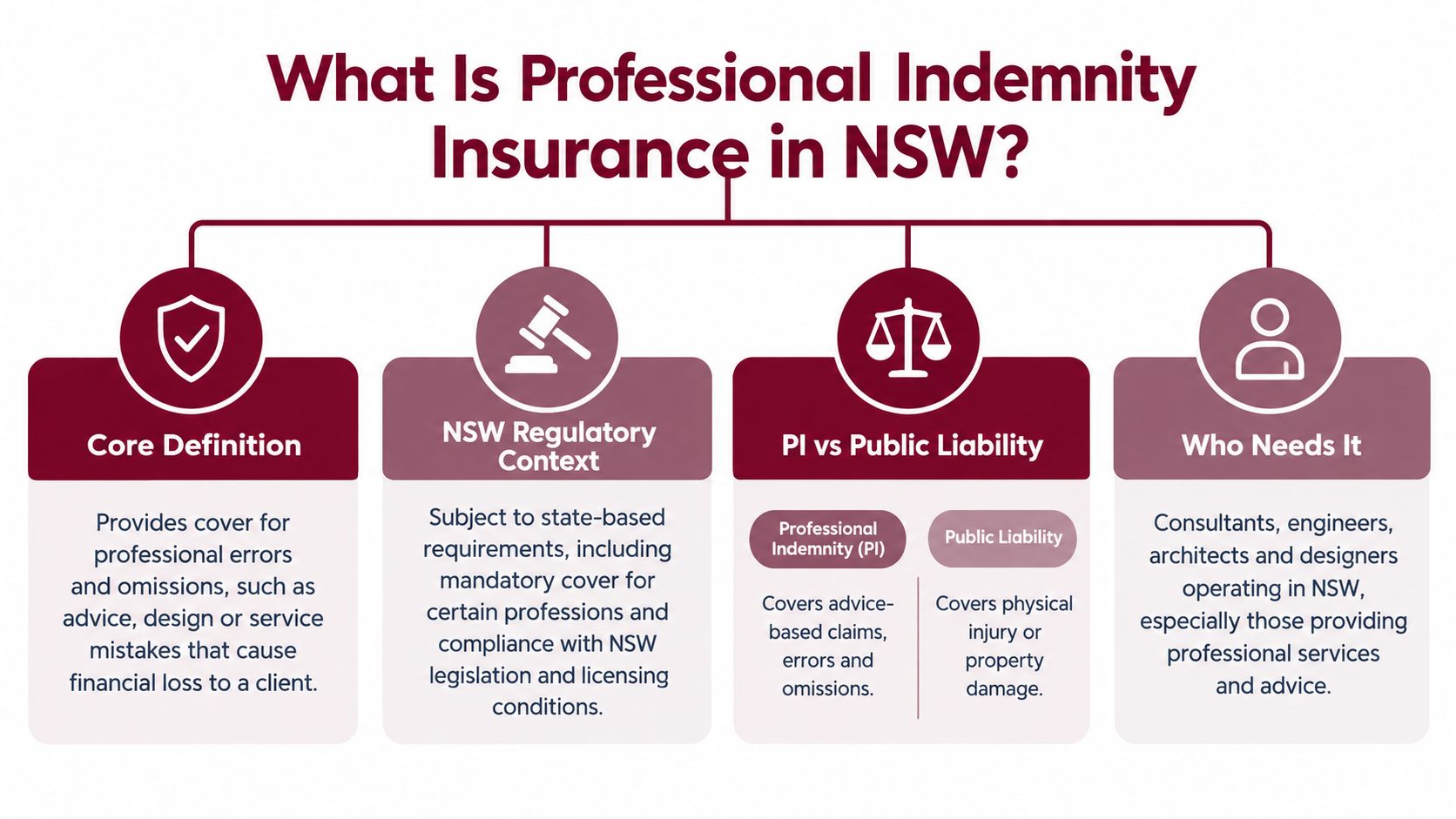 An infographic explaining the definition, regulatory context, comparisons, and target audience for professional indemnity insurance in NSW.