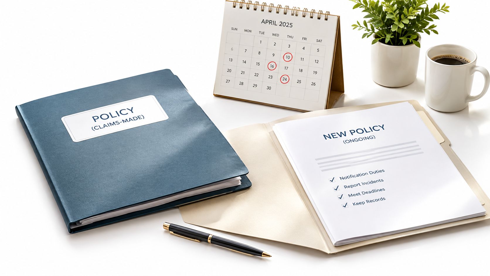 A professional desk workspace featuring insurance policy folders, a calendar for April 2025, and a pen.