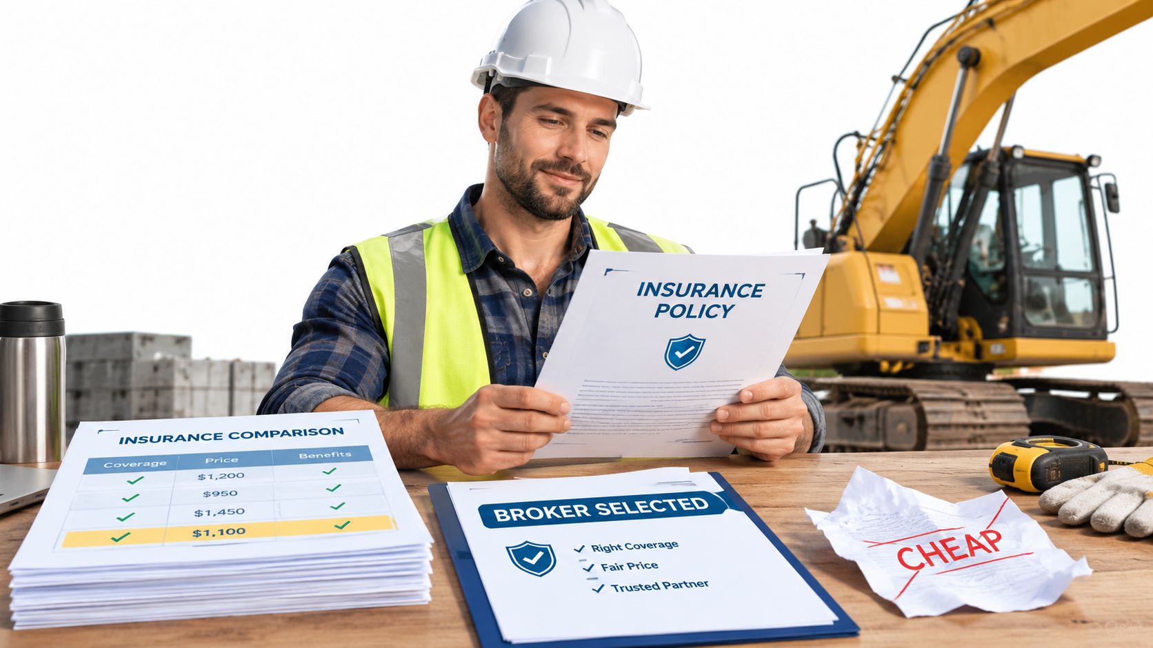 A construction professional reviews insurance documents at a desk with an excavator visible in the background.