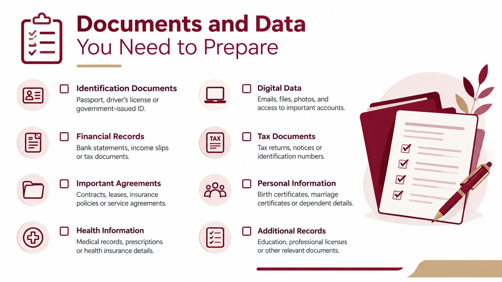 A checklist infographic titled Documents and Data You Need to Prepare showing essential personal and professional record categories.