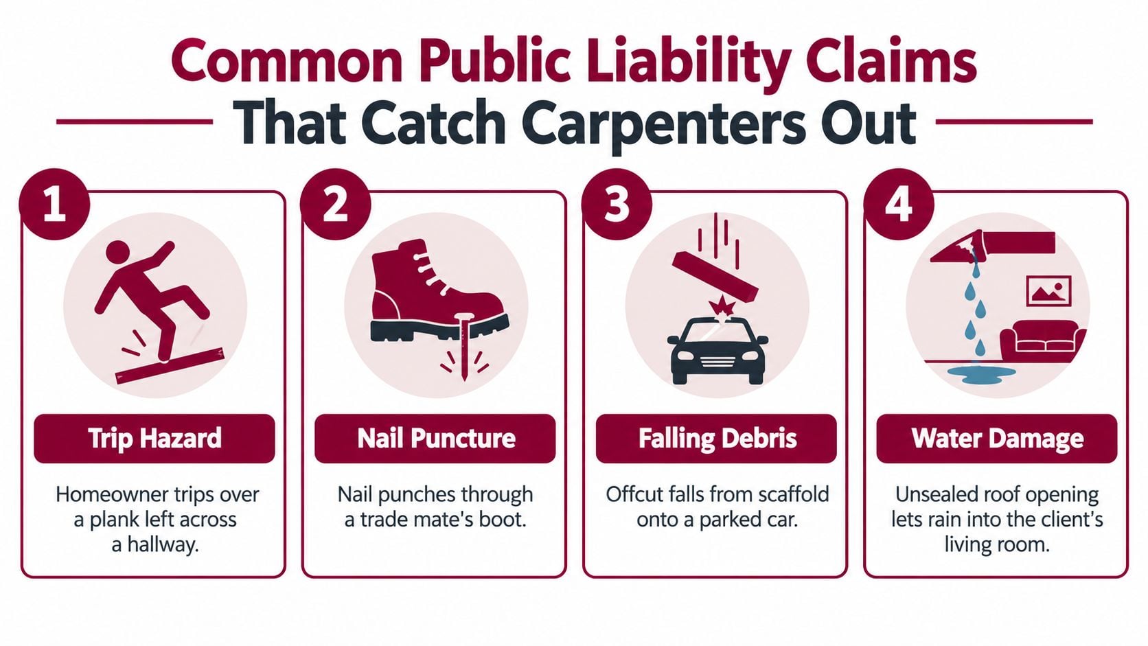 An infographic showing four common public liability insurance claim scenarios for professional carpenters working on construction sites.