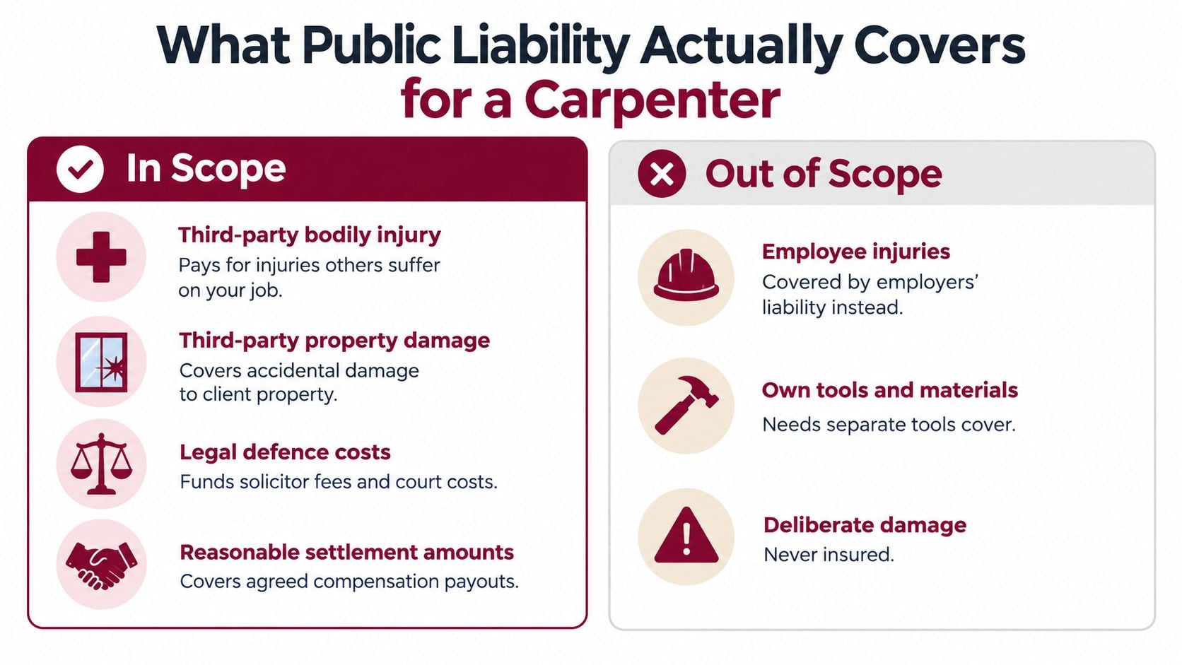 An infographic showing what public liability insurance covers and excludes for professional carpenters.