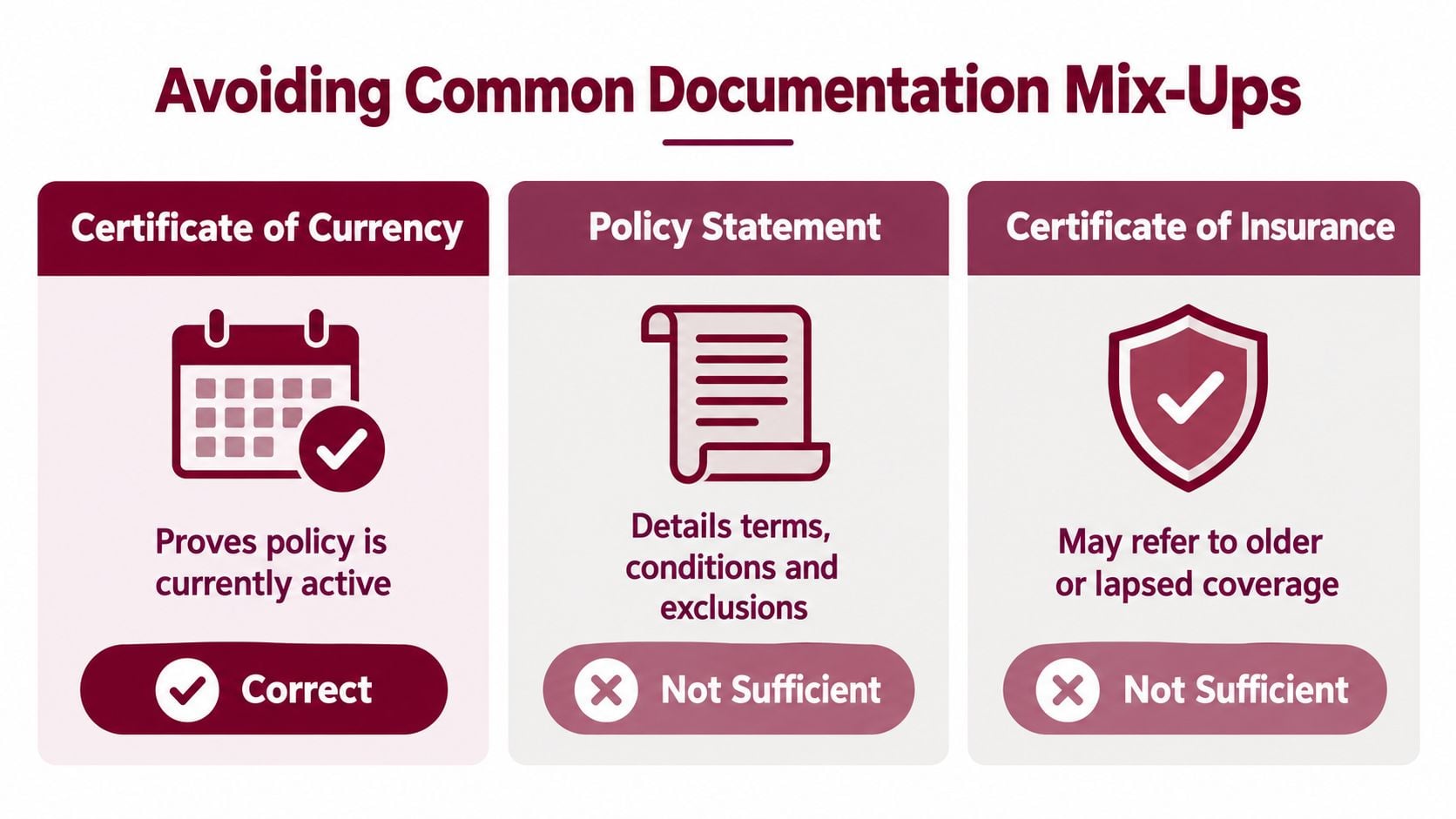 A chart explaining the differences between a certificate of currency, policy statement, and certificate of insurance.
