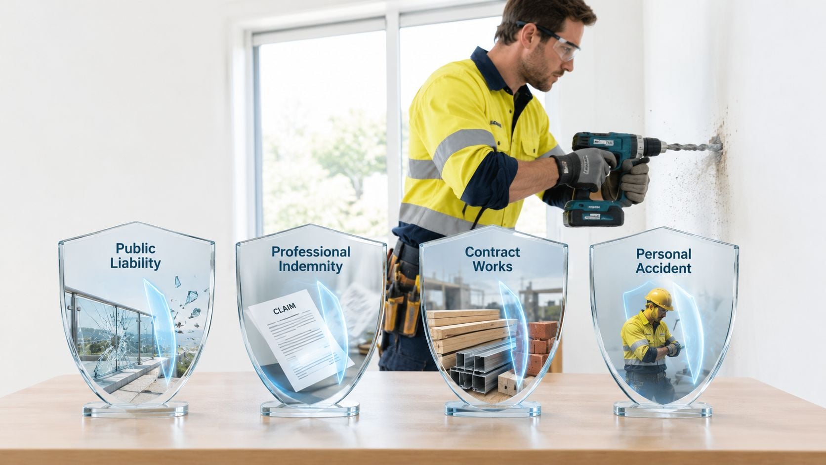 A professional construction worker drilling a wall with four insurance protection shields displayed on a table.