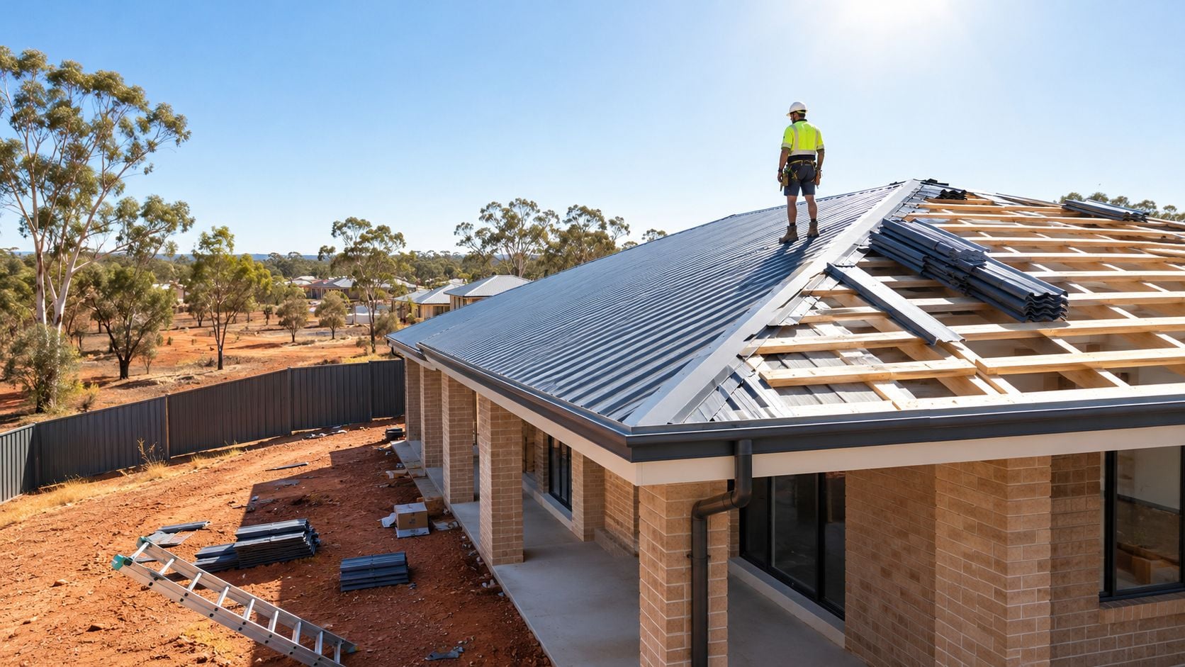 A construction worker in safety gear stands on the roof of a house under construction.