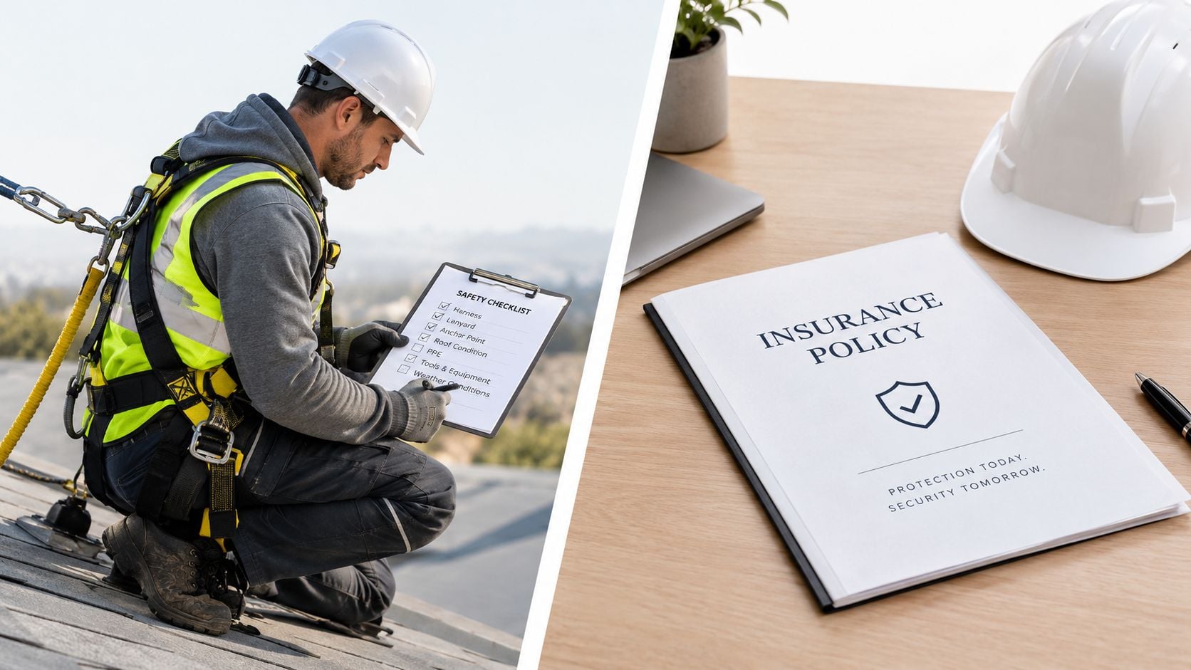 A construction worker on a roof checking safety gear next to an insurance policy document.