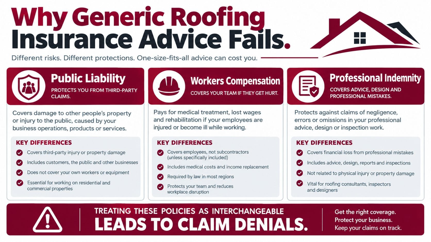 An infographic explaining the differences between public liability, workers compensation, and professional indemnity insurance for roofing businesses.