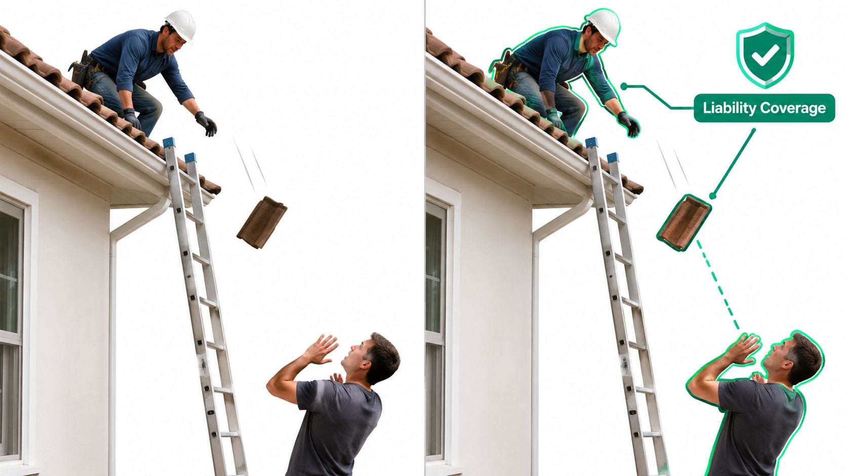 A construction worker dropping a roof tile near a person, illustrating the necessity of public liability insurance.